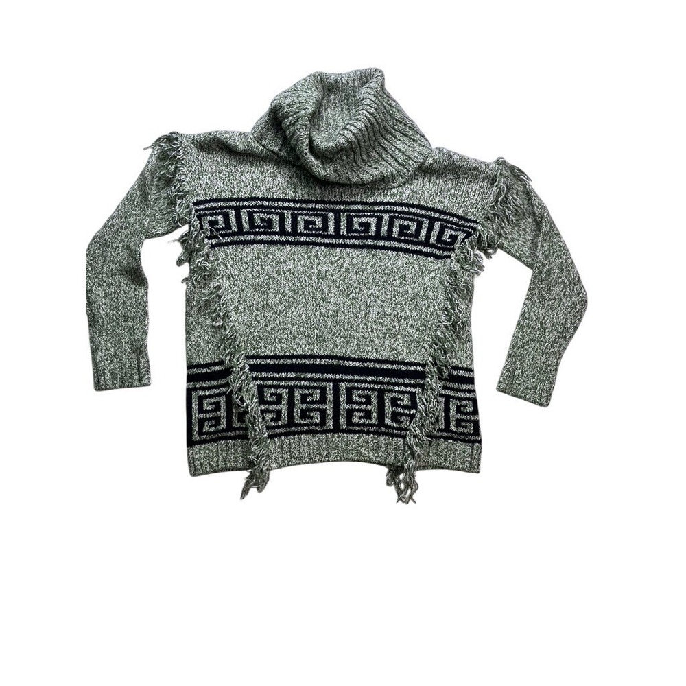 Kensie Sweater Womens XS Green Fringe Greek Key Cowl Neck Marled Knit NEW